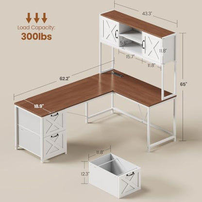 Reversible Farmhouse L Shaped Computer Desk with Drawers, Hutch, view 3