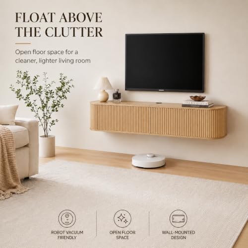 55" Fluted Floating TV Stand, Wall-Mounted Media Console (Natural), view 4