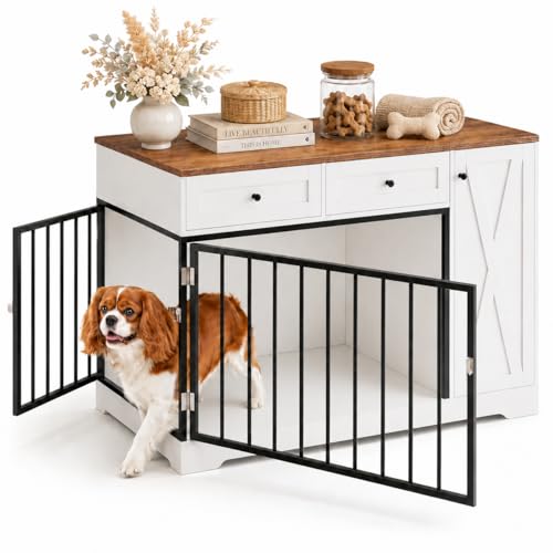 Wooden Dog Crate Furniture, Indoor Pet House with Double Doors & 2 Drawers, view 2