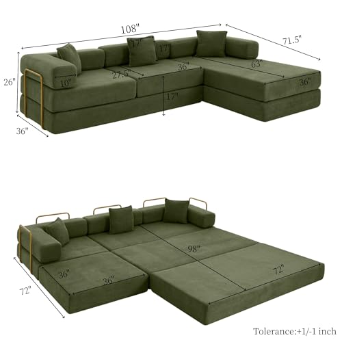 108" Modular Sectional Sofa, Futon Convertible Sofa Bed,Oversized Corduroy Boneless Couch for Living Room,Floor Loveseat Sleeper with Pull Out Bed,Free Combination,No Assembly Required (Green)