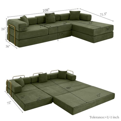 108" Modular Sectional Sofa, Futon Convertible Sofa Bed,Oversized Corduroy Boneless Couch for Living Room,Floor Loveseat Sleeper with Pull Out Bed,Free Combination,No Assembly Required (Green)