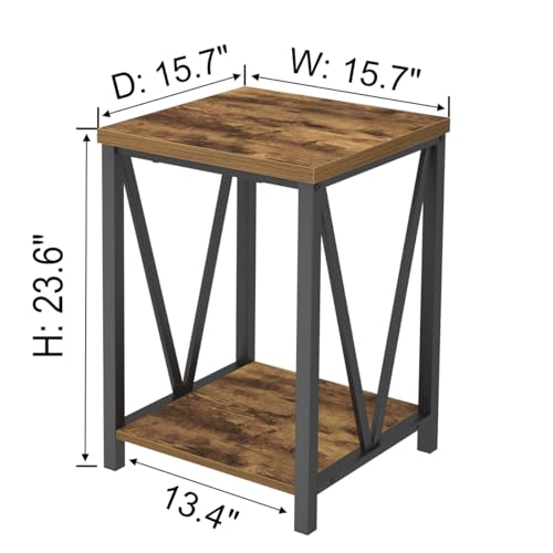 End Table, Square Side Tables for Living Room, Industrial Metal and Wood Nightstand for Bedroom, Rustic Brown