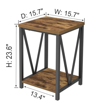 End Table, Square Side Tables for Living Room, Industrial Metal and Wood Nightstand for Bedroom, Rustic Brown