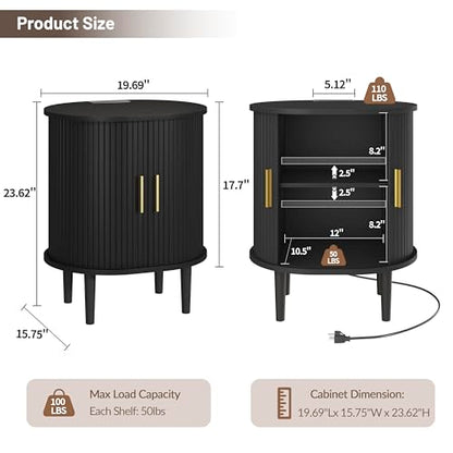 Mid Century Modern Nightstand Set of 2 with Charging Station, Fluted Accent Side Table with Sliding Door & Adjustable Shelf, End Table for Small Space, Living Room, Bedroom,Sofa Couch, Black