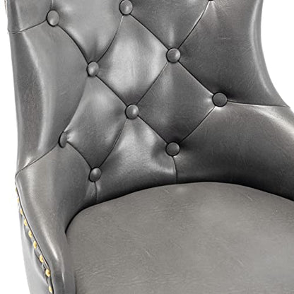 Set of 2 Premium upholstered Dining 26" High Back Stool Bar Chairs, Gray PU Leather Tufted Gold Nail Head Trim, (2)