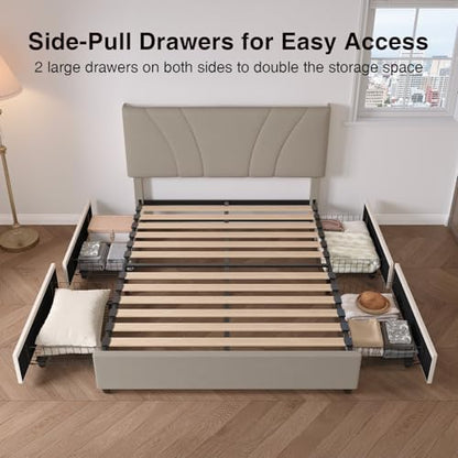 Queen Bed Frame with Drawers/Charging Station/LED Light, Beige, view 4