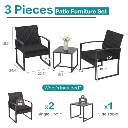 3 Pieces Patio Furniture Set, Outdoor Rattan Bistro Set with Coffee Table, Durable Steel Frame with Strapped Cushions for Garden, Balcony, Poolside, Backyard