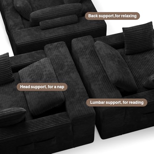 No-assembly oversized black corduroy pet-friendly chaise lounge with side pockets, view 6