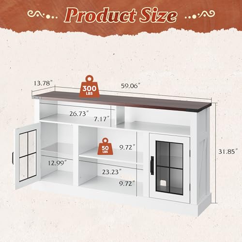 Farmhouse TV Stand for 65 Inch TV with LED Lights, TV Console, White, view 3