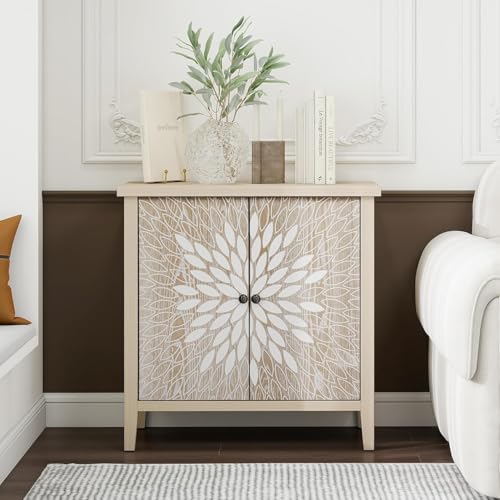 31" Modern Accent Cabinet with Storage, Storage Cabinet with 2 Carved Pattern Doors and Adjustable Shelf, Decorative Sideboard for Living Room, Entryway, Dining Room, Natural