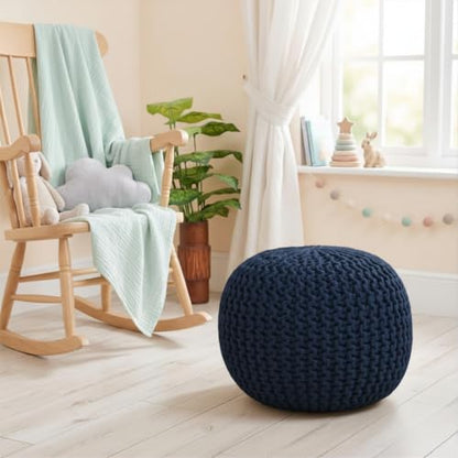 Hand Knitted Upholstered Pouf Cotton Braid Cord Cable Ottoman - Foot Stool - Accent Seat Furniture Bean Bag 18x18x14 Inches - Blue (Navy)
