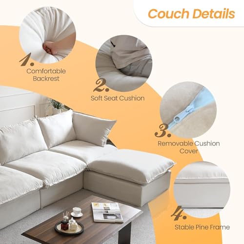 U-Shaped Couches for Living Room, Convertible Sectional Sofa, 162" Modern Deep Seat Soft Cloud Couch, Modular Sectional Sofas with Ottomans, Sofa Cover Removable(Beige)
