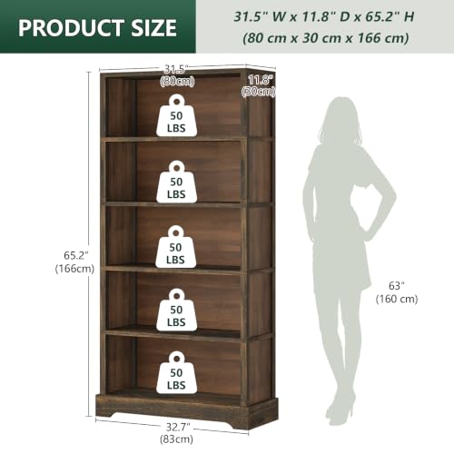 5 Tiers Wooden Bookshelf, 65.2" Tall Farmhouse Style Open Bookcase, view 3