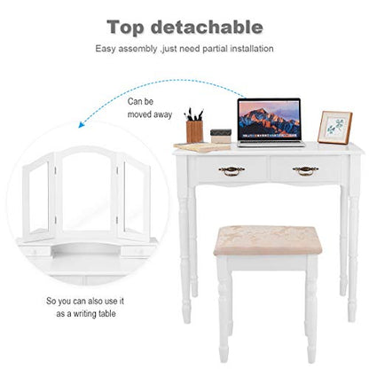 Vanity Set Makeup Table with Stool, Dressing Tables with 4 Drawers, Tri-Folding Mirror, Large Mirrored Room Vanity Desk for Bedroom Bathroom Padded Seat Chair Vanities, White