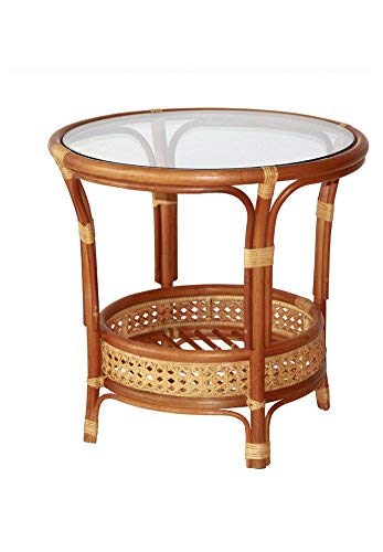 Lounge Set of 3: 2 Natural Rattan Wicker Bahama Armchairs with Cushion and Round Coffee Table Handmade Tropical Style, Cognac