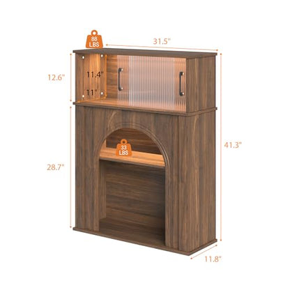Sideboard Buffet Cabinet with LED Lights & Sliding Glass Doors, Modern Kitchen Storage Credenza Coffee Bar with Wood Grain & Adjustable Shelf for Living Room, Brown