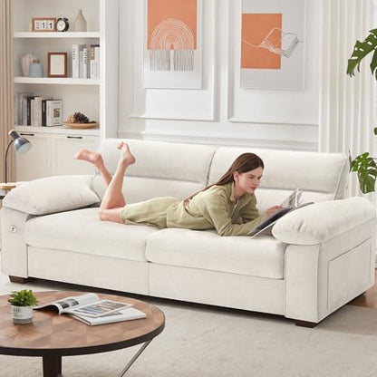 90.5" Modern Sofa 2-Seater Couch for Living Room, Chenille Pillow-Armrest with Extra Large Seat Width, USB/Type-C Charging Port & Side Pocket, Removable Medium Firm Cushion(Beige)