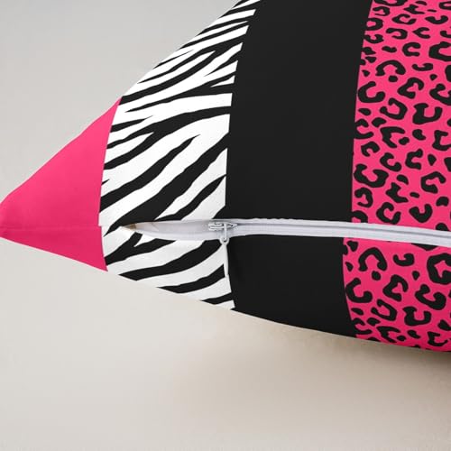Pink Leopard Print Pillow Covers,18x18 Inch Set of 2,Black Zebra Cheetah Skin Print Cushion Cases for Women Adults,Wild Animal Geometric Stripes Western Style Cushion Covers for Bed Chairs Office