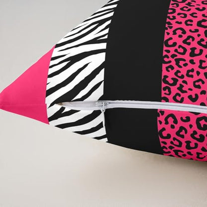 Pink Leopard Print Pillow Covers,18x18 Inch Set of 2,Black Zebra Cheetah Skin Print Cushion Cases for Women Adults,Wild Animal Geometric Stripes Western Style Cushion Covers for Bed Chairs Office
