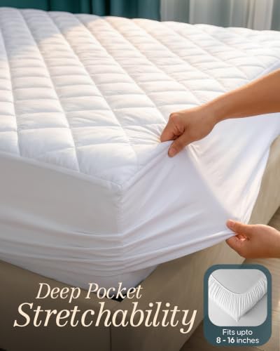 Queen Mattress Pad, Quilted Mattress Protector Topper fits 16" Deep Pocket, view 4