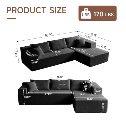 103” L Shaped Cloud Sectional Boneless Couches for Living Room, Modern Modular Sofa Couch with Chaise, Comfy Deep Seat Living Room Furniture Set, No Assembly, Black