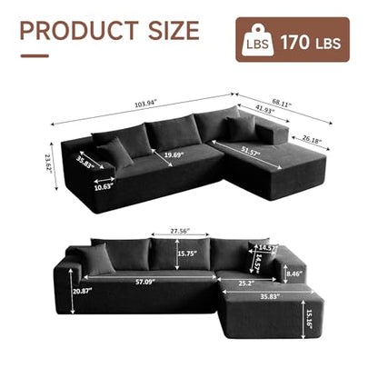 103” L Shaped Cloud Sectional Boneless Couches for Living Room, Modern Modular Sofa Couch with Chaise, Comfy Deep Seat Living Room Furniture Set, No Assembly, Black