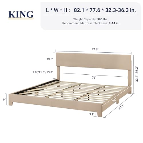 King Size Upholstered Bed Frame Adjustable Headboard, Beige, view 3
