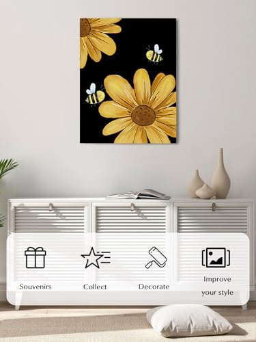 NuYeBiofx Yellow Daisy Flower Bee on Black Canvas Wall Art Prints,48"x32" Framed Picture Artwork Rustic Farmhouse Floral Printed Canvas Oil Painting for Living Room Bedroom Office,Ready to Hang
