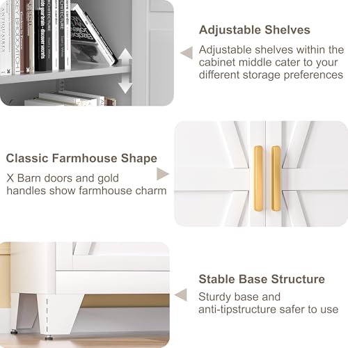 61H Metal Storage Cabinet with 2 Doors and Adjustable Shelves,Farmhouse Storage Cabinet with Barn Doors,Pantry Storage for Home,Office,Bathroom,Dining Room,Kitchen(White)
