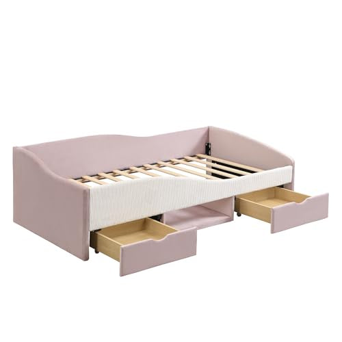 JIVOIT Twin Size Upholstered Daybed, 2 Storage Drawers, Padded Shelf, Guardrail (Pink/ Twin,82)