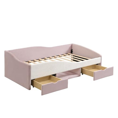 JIVOIT Twin Size Upholstered Daybed, 2 Storage Drawers, Padded Shelf, Guardrail (Pink/ Twin,82)