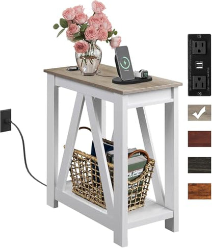 Farmhouse End Table, Narrow Side Table with Charging Station, Slim End Table, Side Table for Bedroom, Living Room, Small Spaces, 2 USB and 2 Power Outlets, 11.8" D x 23.6" W x 23.74" H
