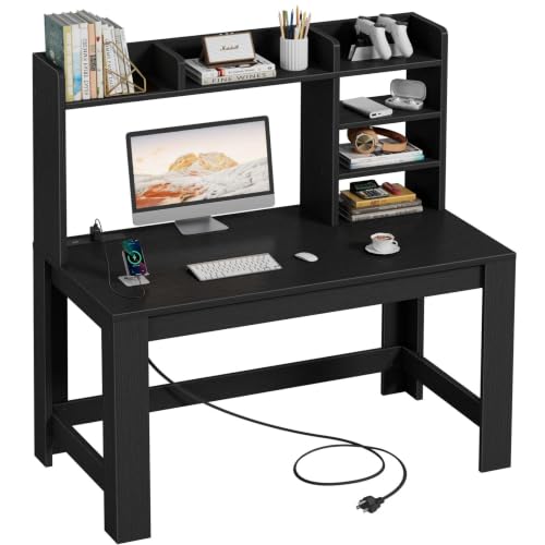 43" Black Gaming Desk with Hutch and Built-in Power Outlet, view 2