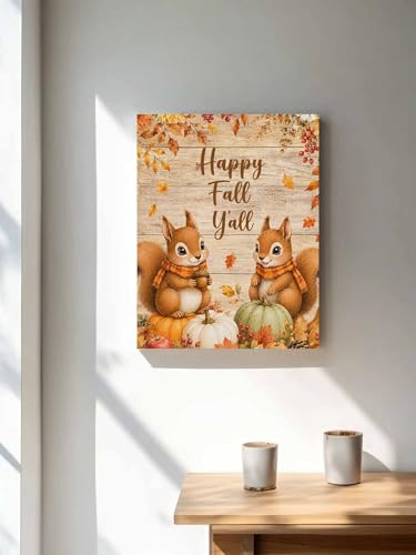 NuYeBiofx Happy Fall Y'all Words Squirrel Canvas Wall Art Prints,48"x32" Framed Picture Artwork Farm Wood Board Background Printed Canvas Oil Painting for Living Room Bedroom Office,Ready to Hang