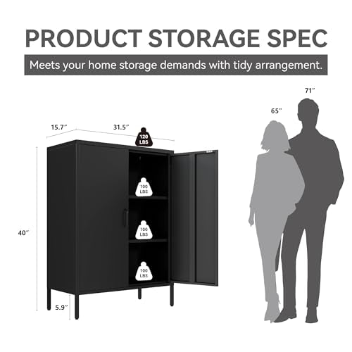 Metal Locker Cabinet, Black Storage Cabinets with 2 Doors and Adjustable Shelves, 3 Tier Modern Storage Freestanding Sideboard for Living Room,School,Office Home Kitchen and Coffee Bar