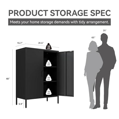 Metal Locker Cabinet, Black Storage Cabinets with 2 Doors and Adjustable Shelves, 3 Tier Modern Storage Freestanding Sideboard for Living Room,School,Office Home Kitchen and Coffee Bar