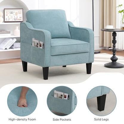 Accent Chair for Living Room, Mid Century Modern Reading Chair for Bedroom, Upholstered Armchair with Side Pockets, Comfy Single Sofa Side Chair for Office, Apartment, Small Room, Teal Green