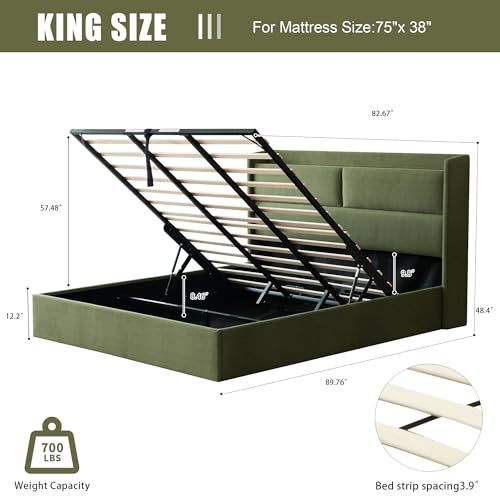 King Hydraulic Lift Storage Bed Frame，Upholstered Headboard，Green, view 3