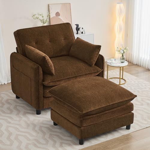 Chenille Oversized Accent Chair with Ottoman, 63" D Oversized Chair and Ottoman with Double Pocket, Reading Armchair with Extra Wide Armrests for Living Room, Reception Room, Brown