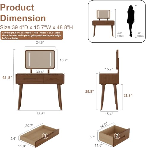 Solid Wood Makeup Vanity Desk with Mirror and Lights, Walnut, view 3