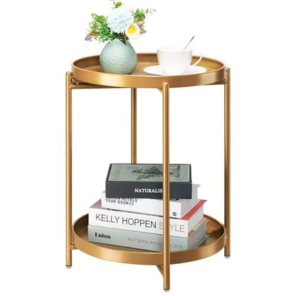 2-Tier End Table, Outdoor Side Table Metal Round Side Table with Removable Tray, Small Folding Accent Table, Anti-Rust Nightstand for Bedroom Balcony Patio Living Room (Gold)
