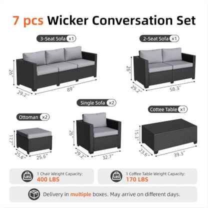7-Piece Outdoor Patio Furniture Set, Rattan Outdoor Sectional with Thick Waterproof Cushions, Wicker Ottomans & Waterproof Cover, Patio Conversation Set for Garden, Backyard,Grey