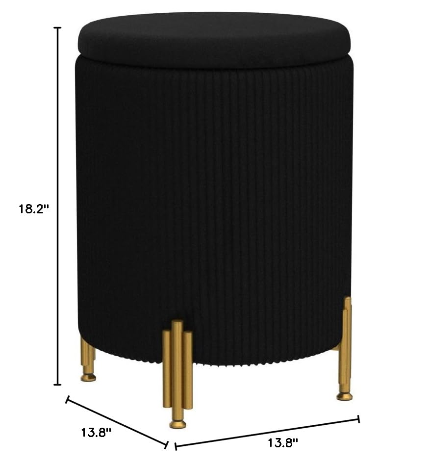 Round Ottoman Foot Stool with Storage and Metal Legs for Living Room Bedroom, Velvet Upholstered Footrest Stool Support 300lbs Modern Padded Seat Ottoman Coffee Table (Black)