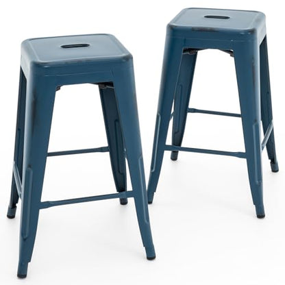 24 Inch Metal Bar Stools, Backless Counter Height Barstools, Indoor Outdoor Stackable Stools with Square Seat, Set of 2 (Distressed Deep Blue)