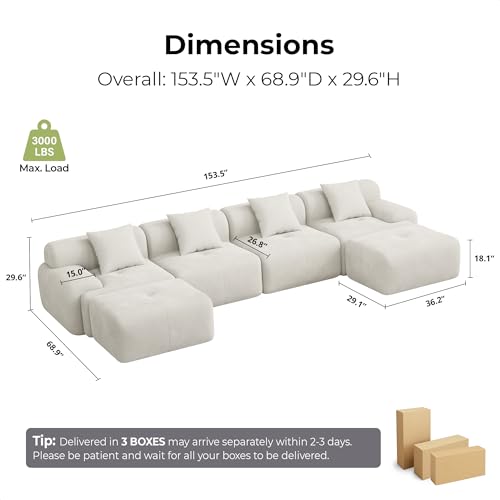 LumiCord 153.5" Tufted Modular Sectional Sofa, Modern U-Shaped Boneless Couch for Living Room, 26.8" Deep Seat, 18.1" High Seating, 15" Wide Armrest, Corduroy, Oatmeal Beige