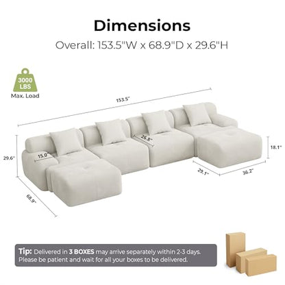 LumiCord 153.5" Tufted Modular Sectional Sofa, Modern U-Shaped Boneless Couch for Living Room, 26.8" Deep Seat, 18.1" High Seating, 15" Wide Armrest, Corduroy, Oatmeal Beige