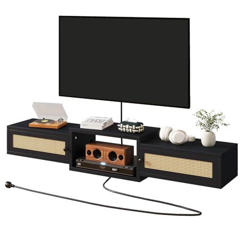 Modern Rattan Floating TV Stand with Doors, view 2