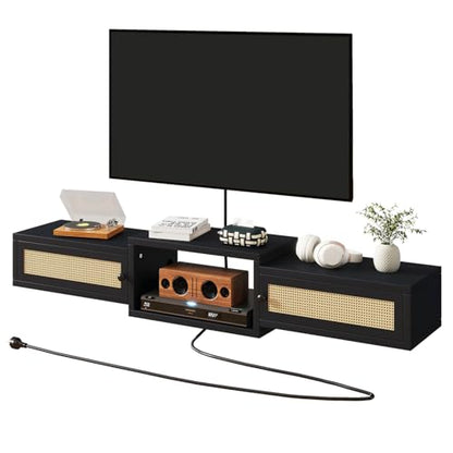 Modern Rattan Floating TV Stand with Doors, view 2