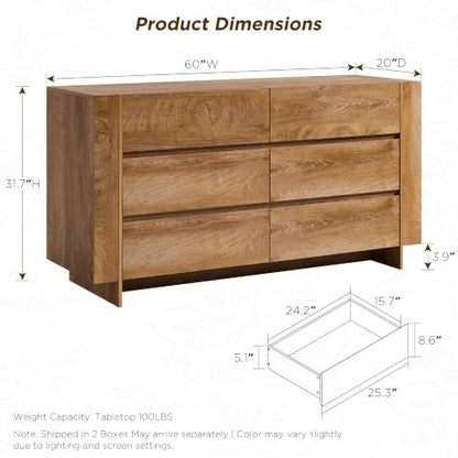 60" Modern 6 Drawer Dresser for Bedroom, 20" Depth for More Storage, view 3
