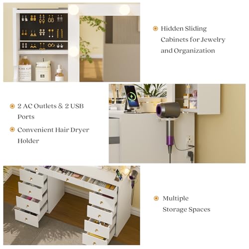 Vanity Desk with Mirror and Lights, White Vanity with Hidden Jewelry Storage Cabinet, Charging Station, 11 Drawers Makeup Vanity with Lights, Crystal Knobs, 3 Color Lighting Modes for Girls